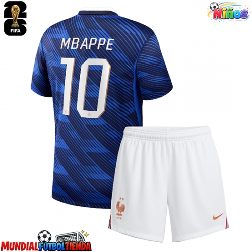 Camiseta Francia Kylian Mbappe #10 Primera Equipación Replica Mundial 2026 para niños mangas cortas (+ Pantalones cortos)